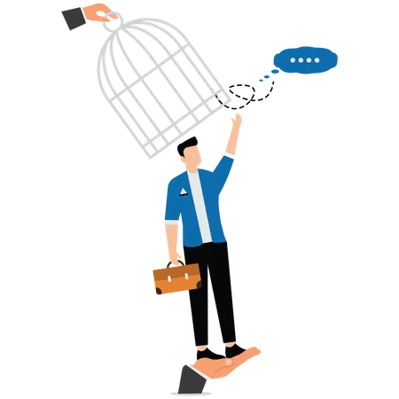 Boss hand opening cage over businessman head to release thought bubble  Illustration