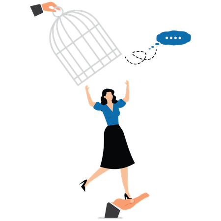 Boss hand opening cage over businesswoman head to release thought bubble  Illustration