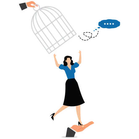 Boss hand opening cage over businesswoman head to release thought bubble  Illustration