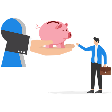 Boss hands give piggy banks to happy businessman  Illustration