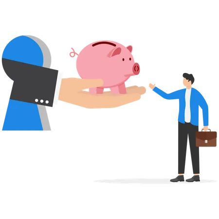 Boss hands give piggy banks to happy businessman  Illustration
