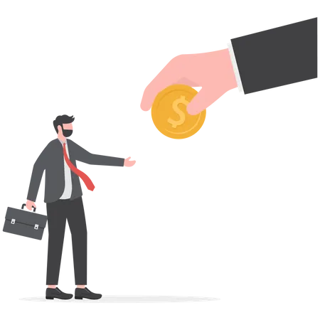 Payroll Concept Boss Holding Coin In Hand Gives Worker Employer And Staff Illustration
