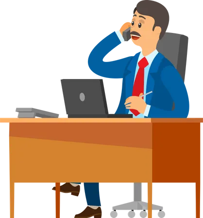 Boss in Office, Specialist Talking on Mobile Phone Illustration
