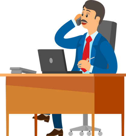 Boss in Office, Specialist Talking on Mobile Phone  Illustration