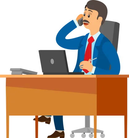 Boss in Office, Specialist Talking on Mobile Phone  Illustration