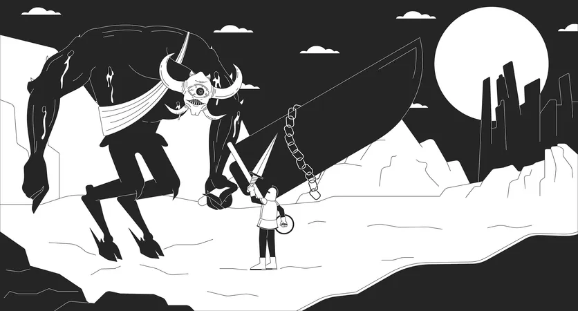 Boss Fighting In Adventure Game Black And White Line Illustration Knight Challenging Demon King 2 D Characters Monochrome Background Horror Videogame Walkthrough Outline Scene Vector Image Illustration