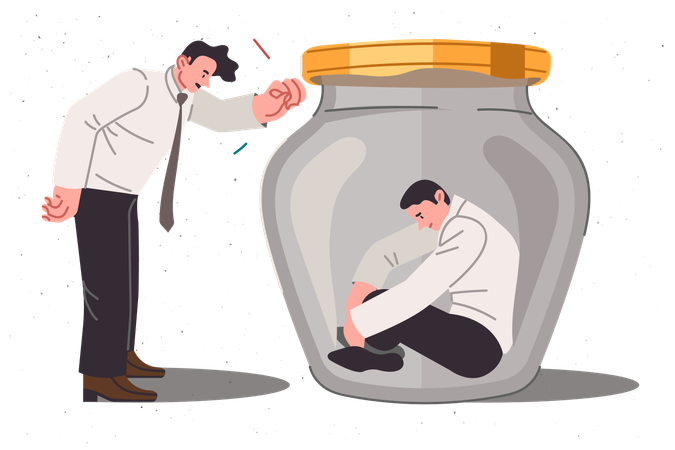 Boss is trying help and support upset man sitting in jar due to alienation from colleagues  イラスト