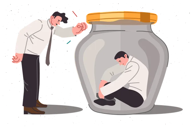 Boss is trying help and support upset man sitting in jar due to alienation from colleagues  Illustration