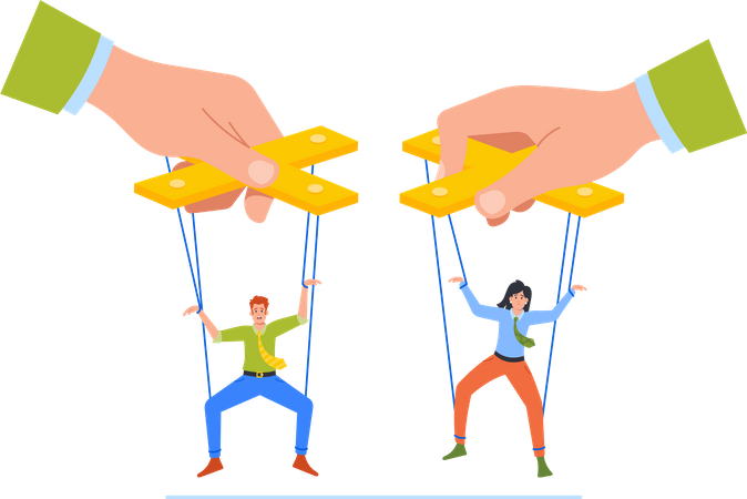 Boss Manipulator Control Marionettes Employees Hanging on Ropes  イラスト