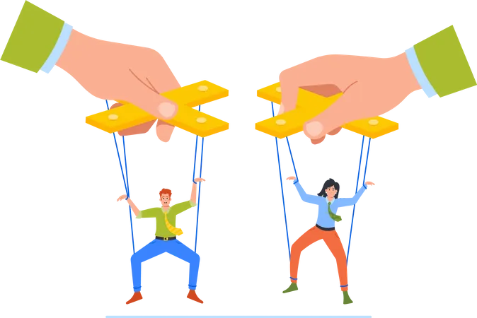 Boss Manipulator Control Marionettes Employees Hanging On Ropes Male And Female Subordinate Characters Obey To Leader Puppeteer Master Cartoon People Vector Illustration Illustration