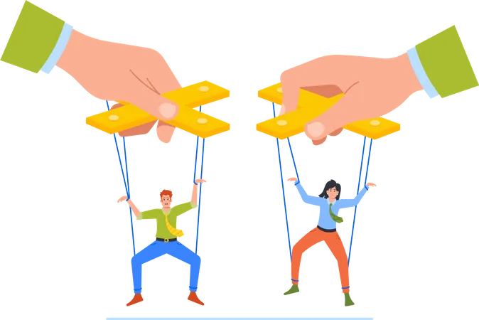 Boss Manipulator Control Marionettes Employees Hanging on Ropes  Illustration