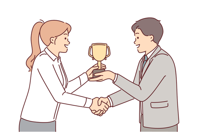 Boss presents cup to subordinate in recognition of achievement and shakes hands to motivate  Illustration