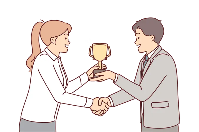 Boss presents cup to subordinate in recognition of achievement and shakes hands to motivate  Illustration