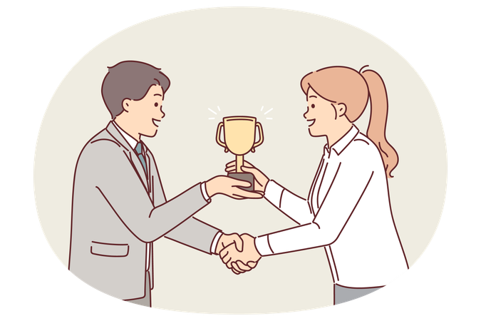 Boss presents cup to subordinate in recognition of achievement and shakes hands to motivate  Illustration
