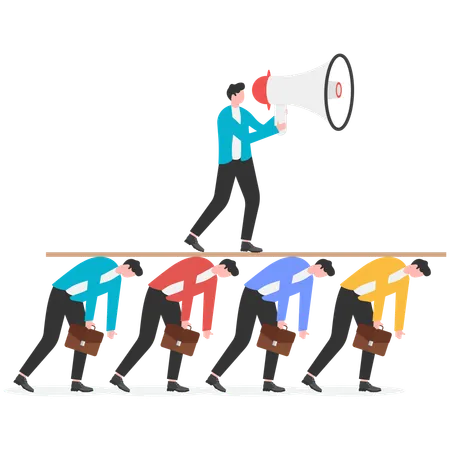 Boss standing on the balance bar with a megaphone motivating staff  Illustration