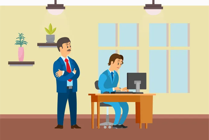 Boss Supervising Novice Working On Office Computer Vector Director In Bad Mood Firing Person Employed With Unemployed Man Carrying Carton Boxes Illustration