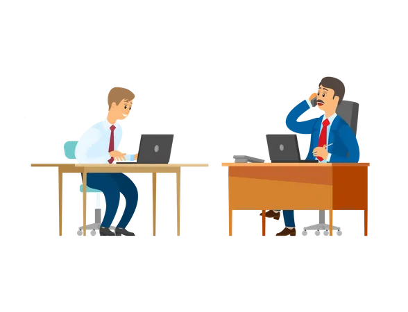 Boss Vector Chief Executive Talking On Phone In Office Male Sitting By Table Employee And Employer Worker With Laptop Developing Project Data Illustration