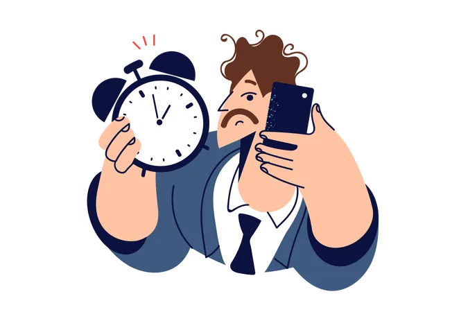 Boss with alarm clock in hand reminding about deadline  Illustration