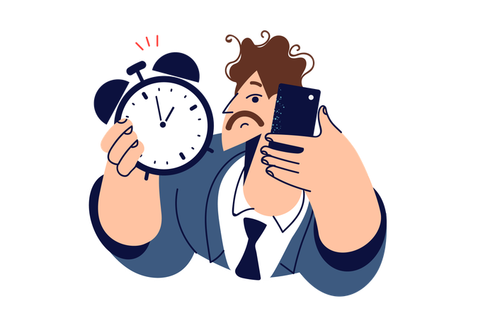 Boss with alarm clock in hand reminding about deadline  Illustration