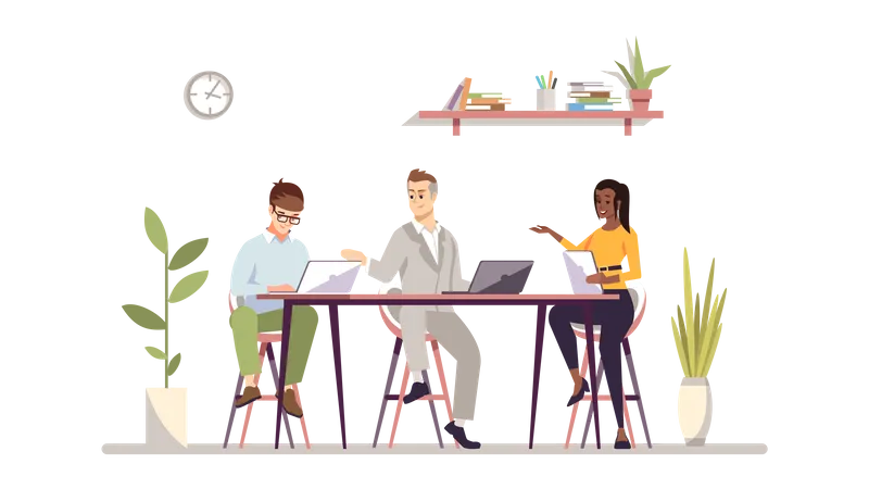 Teamwork Flat Vector Illustration Boss With Team Working Together Businessman Entrepreneur With Personal Assistants Isolated Cartoon Characters Top Manager Leader And Workers With Laptops Concept Illustration