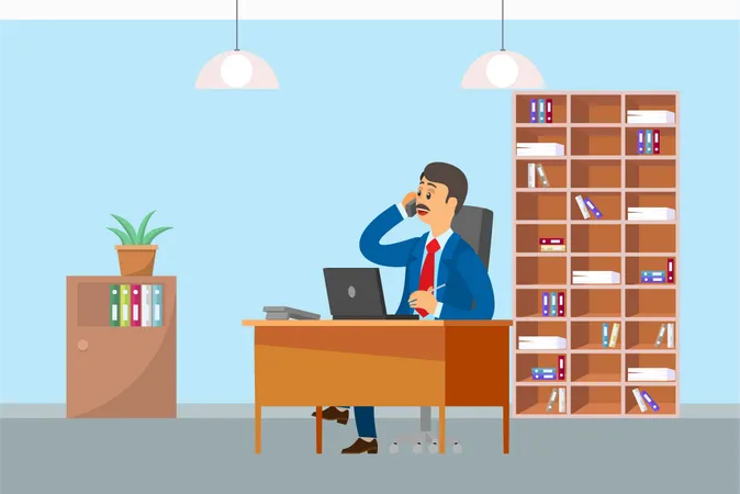 Boss Working In Office And Talking On Mobile Phone Vector Director Of Company Sitting By Table Discussing Issues With Business Partners Man At Job Illustration