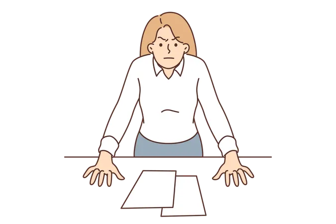 Bossy business woman with displeased look stands near office desk  Illustration