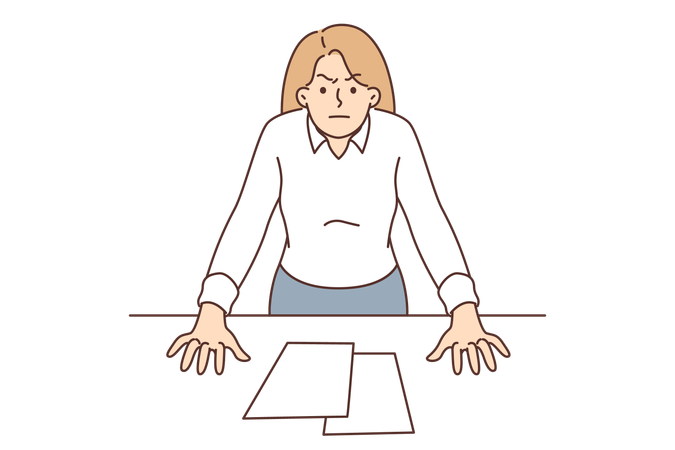 Bossy business woman with displeased look stands near office desk  Illustration