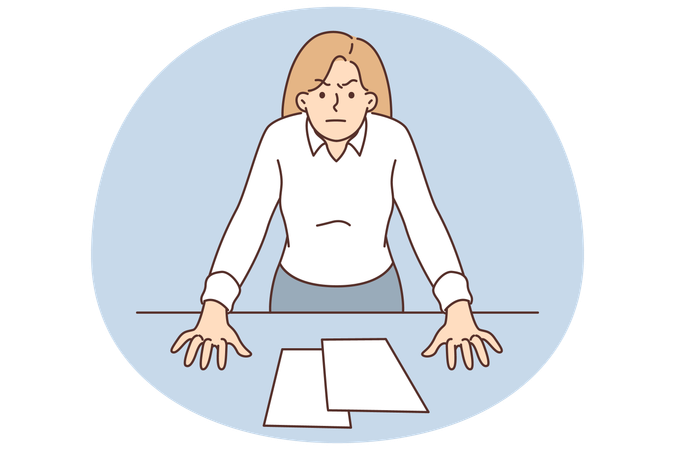 Bossy businesswoman with displeased look stands near office desk, wanting to chastise employees  Illustration