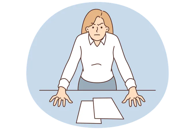 Bossy businesswoman with displeased look stands near office desk, wanting to chastise employees  Illustration