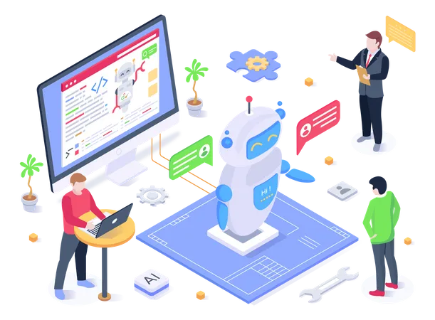 The Person Working With A Robot Isometric Illustration Of Bot Development Illustration