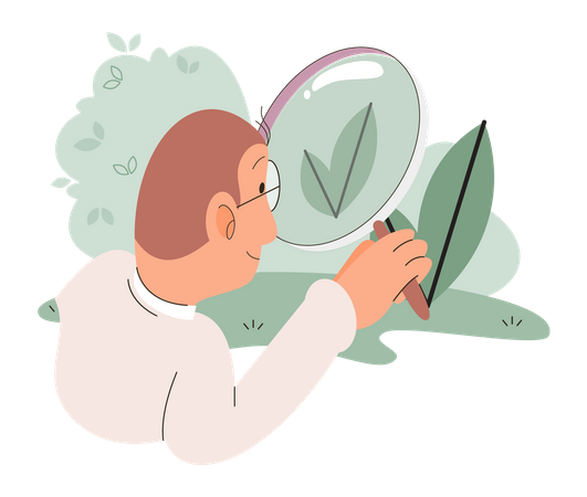 Botanist studies and analyzes plant examining leaf through magnifying glass  Illustration