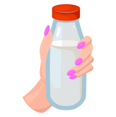 Botella de plástico con tapa roja con leche en su interior.  Ilustración