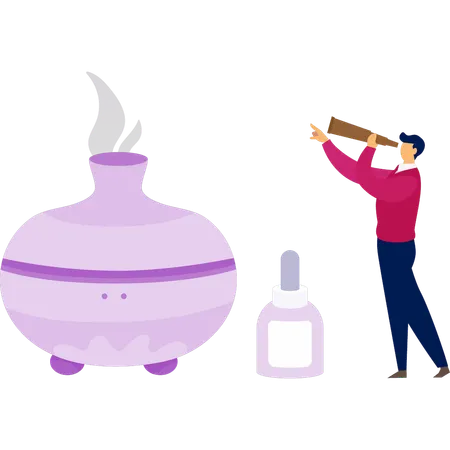 Hombre de negocios mirando una botella de poción con un catalejo  Ilustración