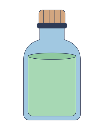 Botella de vidrio con líquido y tapón de corcho.  Ilustración