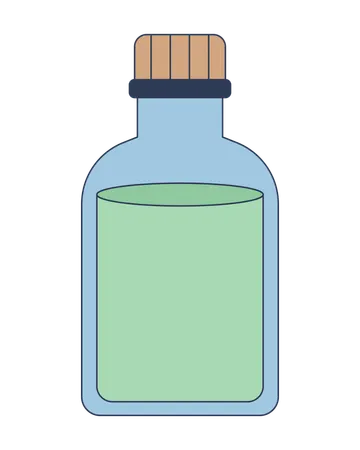 Botella de vidrio con líquido y tapón de corcho.  Ilustración