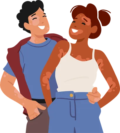 Joyous Couple Their Love Transcending Boundaries Both Proudly Displaying Beautiful Vitiligo Patterns Embracing Uniqueness Their Smiles Radiate Warmth Acceptance And Shared Happiness Vector Illustration