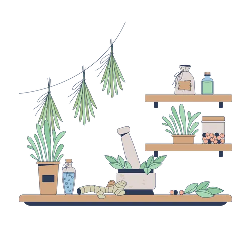 Boticário de ervas rústicas com ingredientes naturais  Ilustração