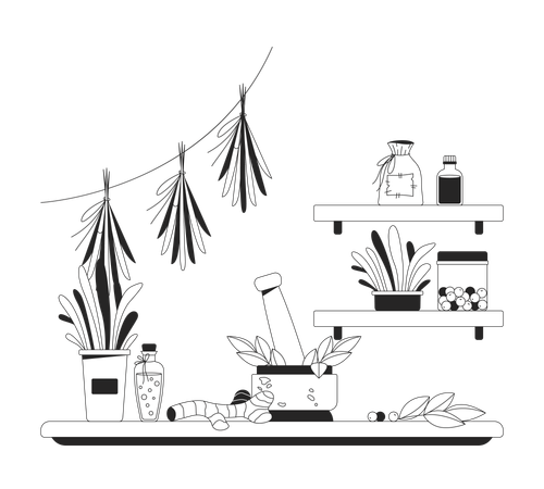Boticário de ervas rústicas com ingredientes naturais  Ilustração