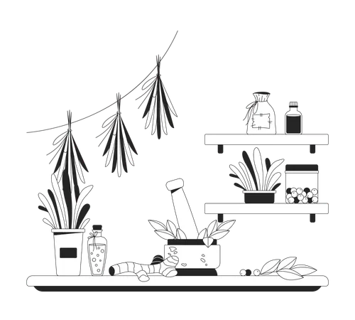 Boticário de ervas rústicas com ingredientes naturais  Ilustração