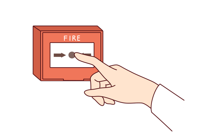 Botón de alarma de incendio en la pared y mano de la persona que quiere notificar a todos sobre la situación de emergencia  Ilustración