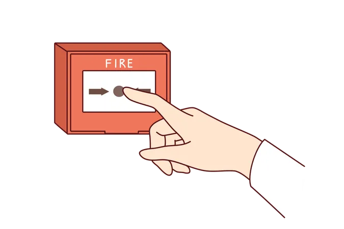 Botón de alarma de incendio en la pared y mano de la persona que quiere notificar a todos sobre la situación de emergencia  Ilustración