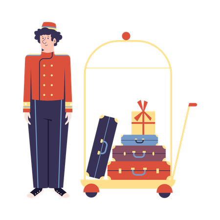 Botones con uniforme retro y carrito de equipaje  Ilustración