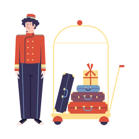 Botones con uniforme retro y carrito de equipaje  Ilustración