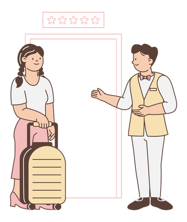 Bellboy dando la bienvenida al huésped en el hotel.  Ilustración