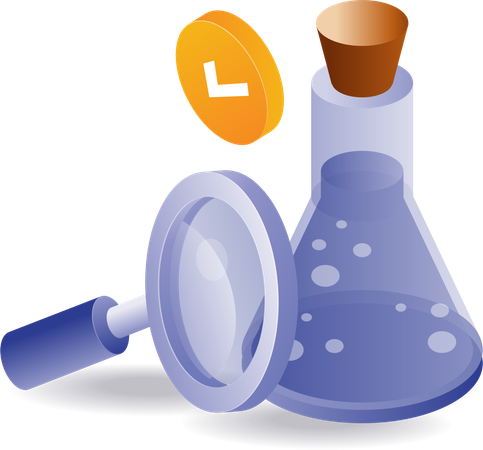 Bottle of laboratory experiment results test with magnifying glass  Illustration