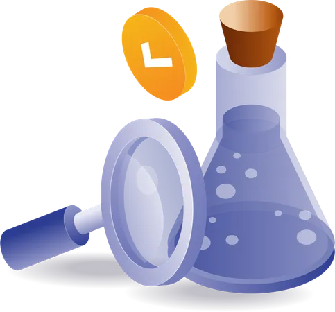 Bottle of laboratory experiment results test with magnifying glass  Illustration