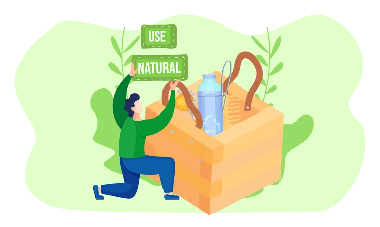 A Man Holds An Inscription In His Hands Wooden Box With Comb Brush And Plastic Water Bottle Inside Use Of Natural Bath Accessories Environmentally Friendly Save The Planet Concept Ecology Illustration