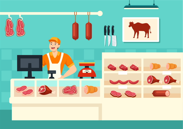 Homme boucher faisant la facture au magasin de viande  Illustration