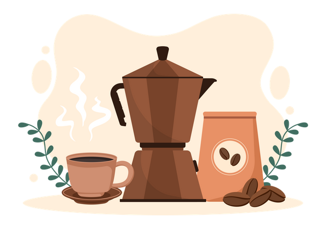 Bouilloire à café avec grains de café  Illustration