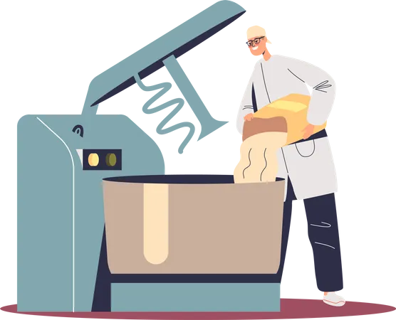 Boulanger mâle mettant la farine dans un grand mélangeur industriel pour pétrir  Illustration